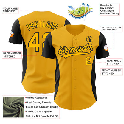 Custom Gold Black 3D Pattern Design Side Stripes Authentic Baseball Jersey - Sky-Custom