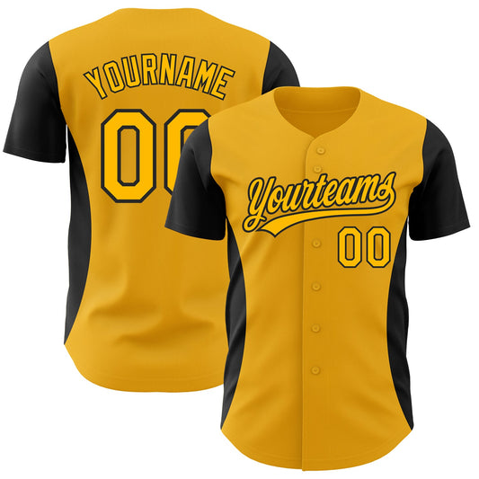 Custom Gold Black 3D Pattern Design Side Stripes Authentic Baseball Jersey - Sky-Custom