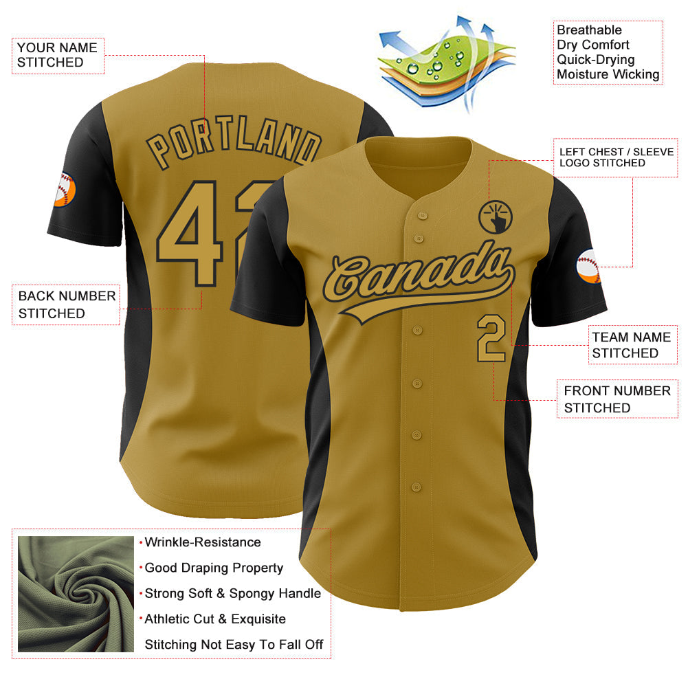 Custom Old Gold Black 3D Pattern Design Side Stripes Authentic Baseball Jersey - Sky-Custom