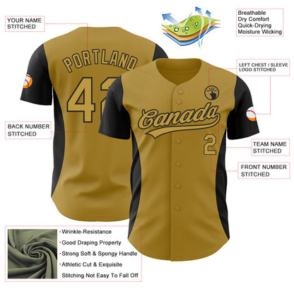 Custom Old Gold Black 3D Pattern Design Side Stripes Authentic Baseball Jersey - Sky-Custom