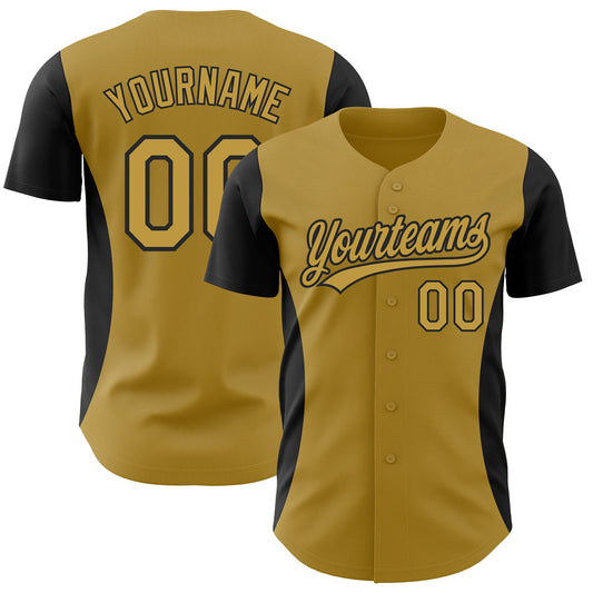 Custom Old Gold Black 3D Pattern Design Side Stripes Authentic Baseball Jersey - Sky-Custom