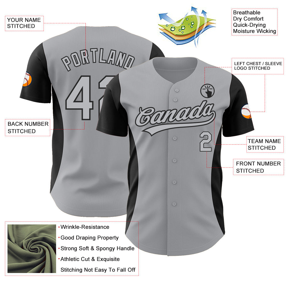 Custom Gray Black 3D Pattern Design Side Stripes Authentic Baseball Jersey - Sky-Custom