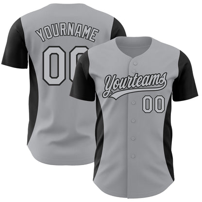 Custom Gray Black 3D Pattern Design Side Stripes Authentic Baseball Jersey - Sky-Custom