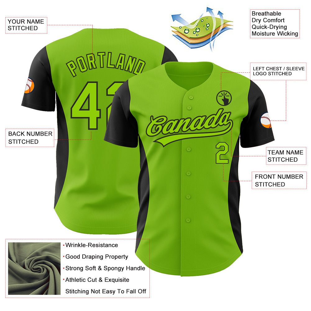 Custom Neon Green Black 3D Pattern Design Side Stripes Authentic Baseball Jersey - Sky-Custom