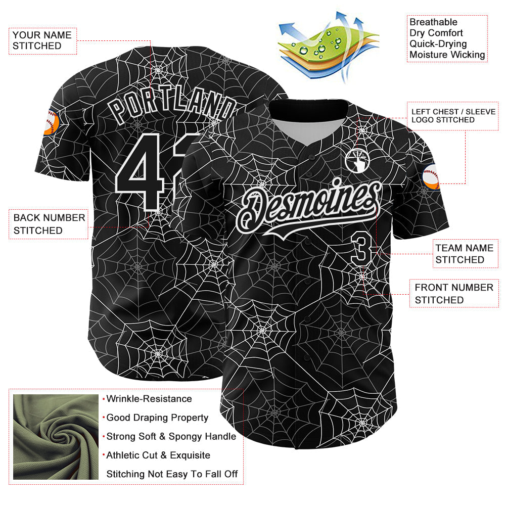 Custom Black White 3D Pattern Design Spider Web Authentic Baseball Jersey - Sky-Custom