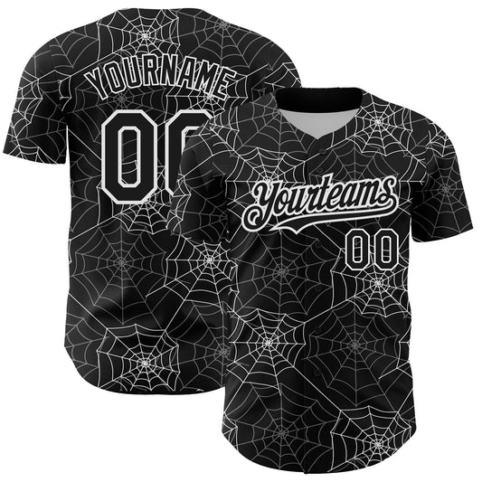 Custom Black White 3D Pattern Design Spider Web Authentic Baseball Jersey - Sky-Custom
