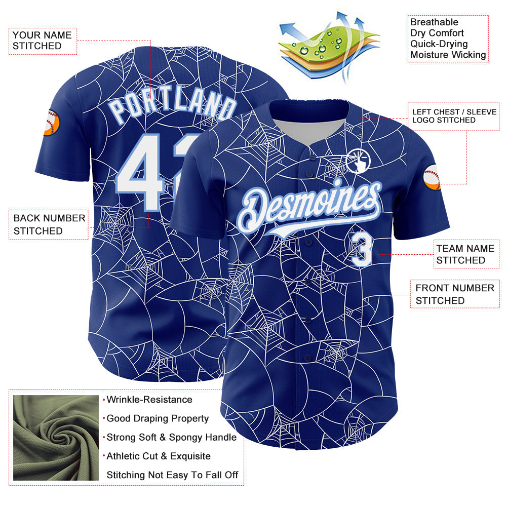 Custom Royal White-Light Blue 3D Pattern Design Spider Web Authentic Baseball Jersey - Sky-Custom