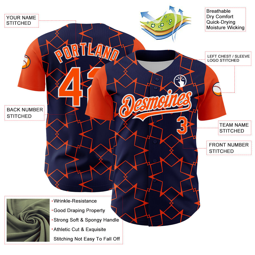 Custom Navy Orange-White 3D Pattern Design Star Lines Authentic Baseball Jersey - Sky-Custom