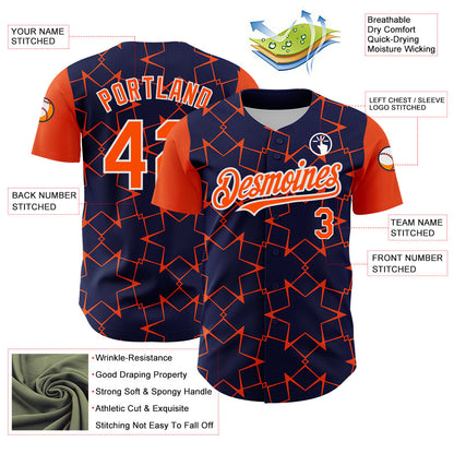 Custom Navy Orange-White 3D Pattern Design Star Lines Authentic Baseball Jersey - Sky-Custom
