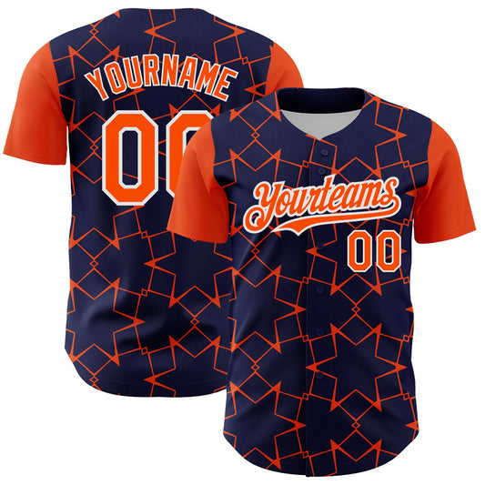 Custom Navy Orange-White 3D Pattern Design Star Lines Authentic Baseball Jersey - Sky-Custom