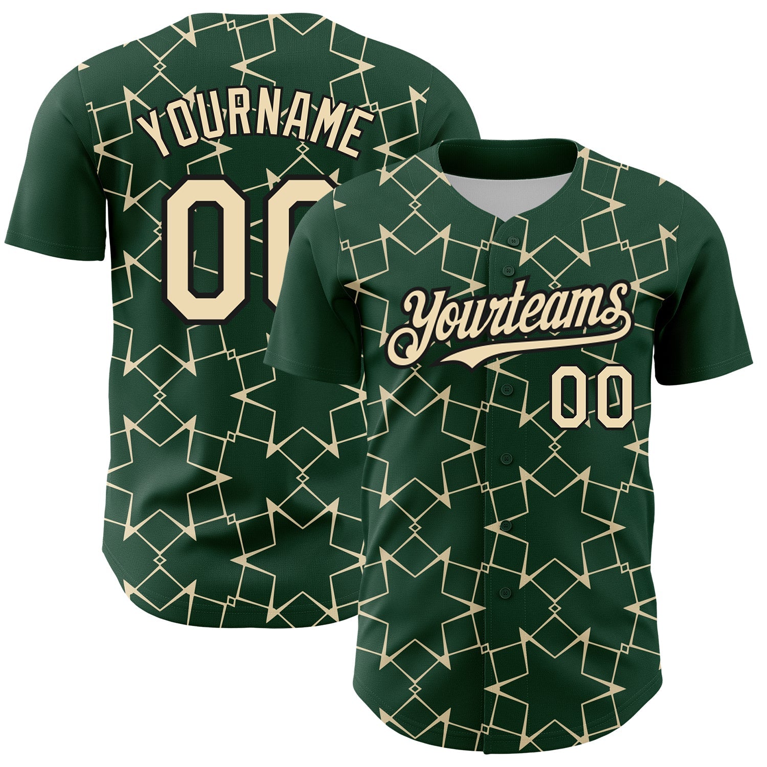 Custom Green Cream-Black 3D Pattern Design Star Lines Authentic Baseball Jersey - Sky-Custom