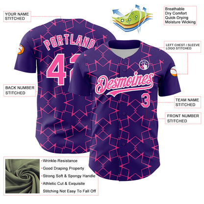 Custom Purple Pink-White 3D Pattern Design Star Lines Authentic Baseball Jersey - Sky-Custom