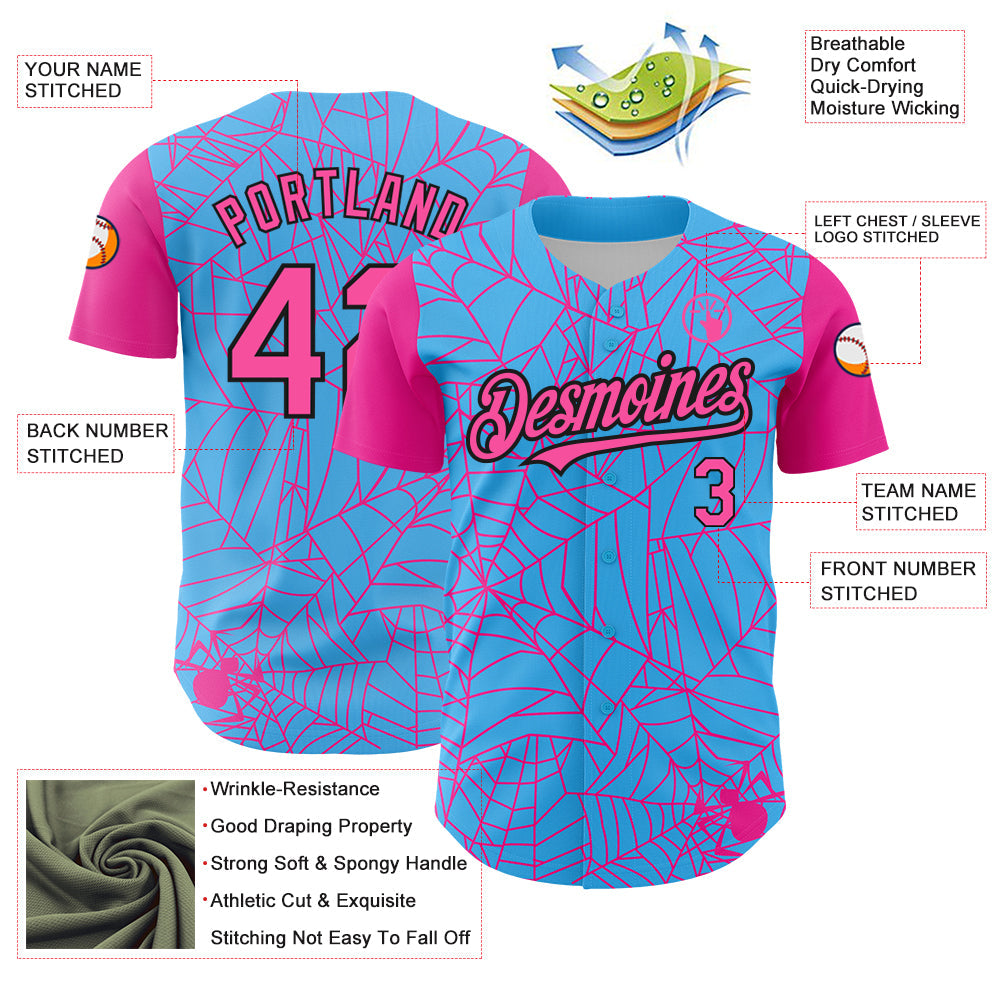Custom Sky Blue Pink-Black 3D Pattern Design Spider Web Authentic Baseball Jersey - Sky-Custom