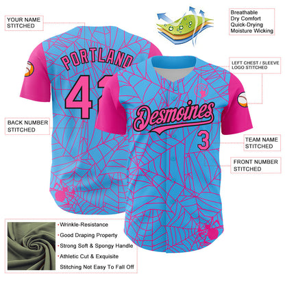 Custom Sky Blue Pink-Black 3D Pattern Design Spider Web Authentic Baseball Jersey - Sky-Custom