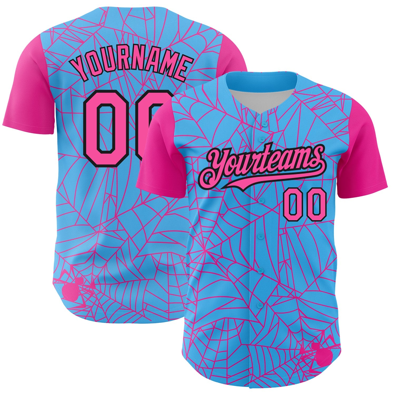 Custom Sky Blue Pink-Black 3D Pattern Design Spider Web Authentic Baseball Jersey - Sky-Custom