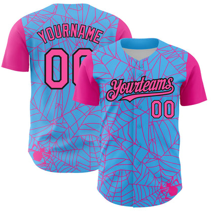Custom Sky Blue Pink-Black 3D Pattern Design Spider Web Authentic Baseball Jersey - Sky-Custom