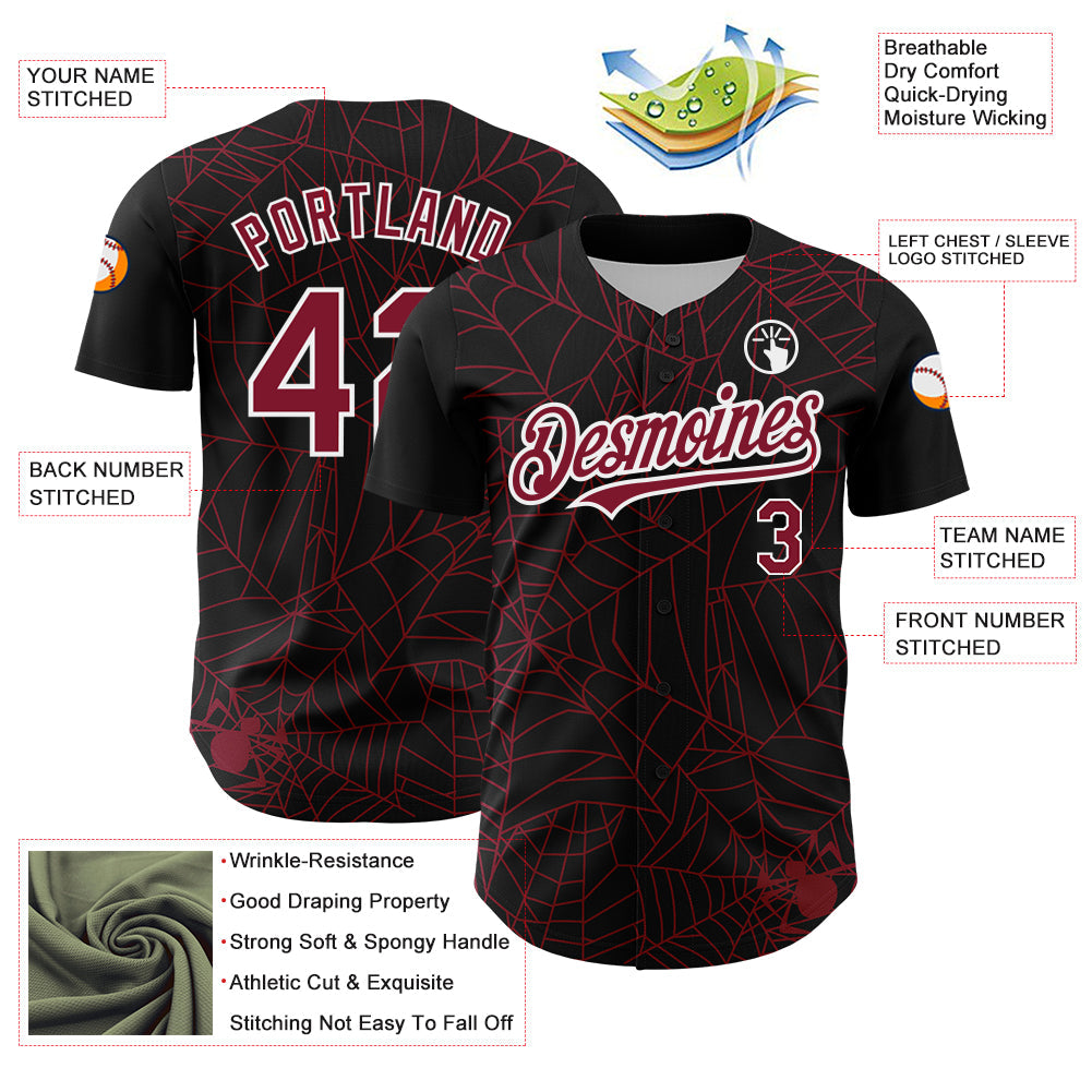 Custom Black Crimson-White 3D Pattern Design Spider Web Authentic Baseball Jersey - Sky-Custom
