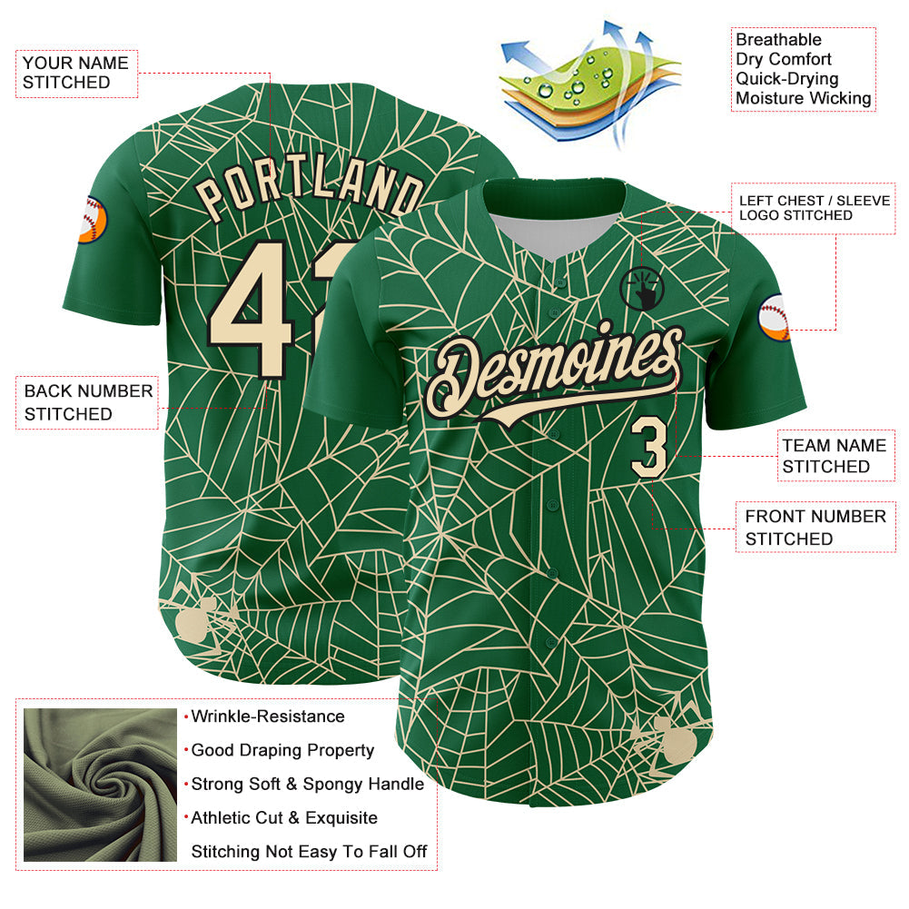 Custom Kelly Green Cream-Black 3D Pattern Design Spider Web Authentic Baseball Jersey - Sky-Custom