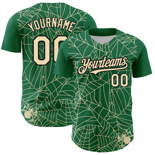 Custom Kelly Green Cream-Black 3D Pattern Design Spider Web Authentic Baseball Jersey - Sky-Custom
