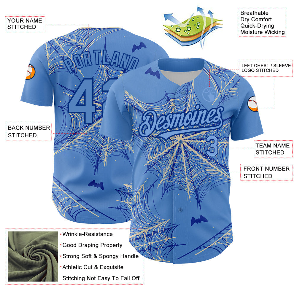 Custom Light Blue Cream-Royal 3D Pattern Design Spider Web Authentic Baseball Jersey - Sky-Custom