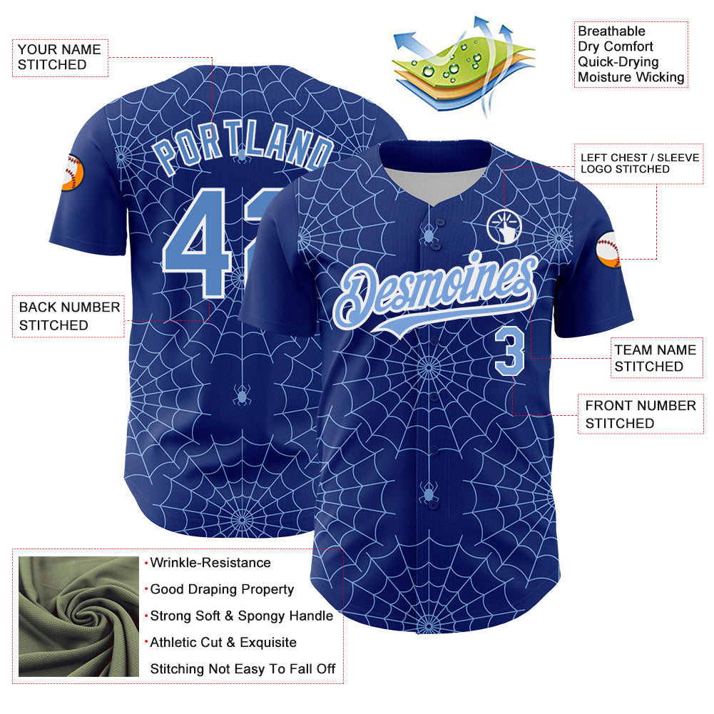 Custom Royal Light Blue-White 3D Pattern Design Spider Web Authentic Baseball Jersey - Sky-Custom