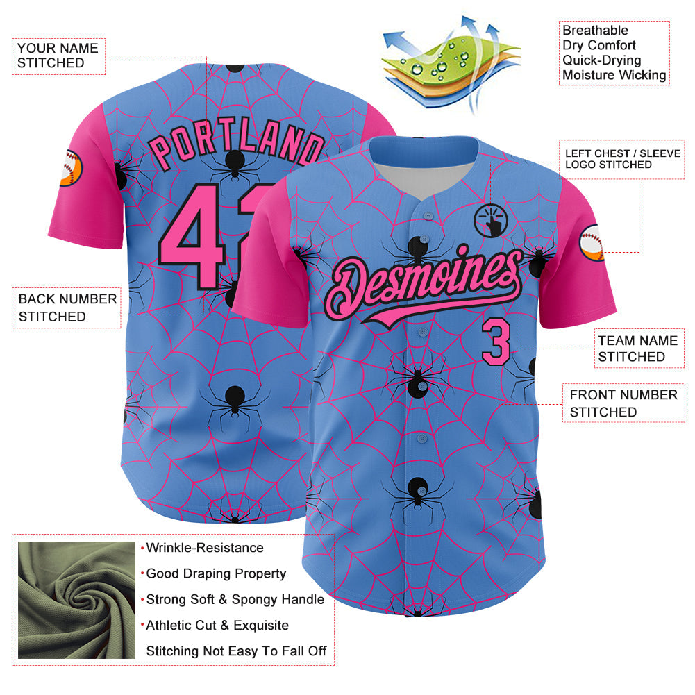 Custom Light Blue Pink-Black 3D Pattern Design Spider Web Authentic Baseball Jersey - Sky-Custom