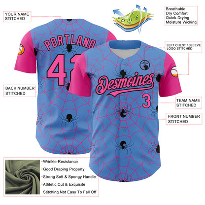 Custom Light Blue Pink-Black 3D Pattern Design Spider Web Authentic Baseball Jersey - Sky-Custom