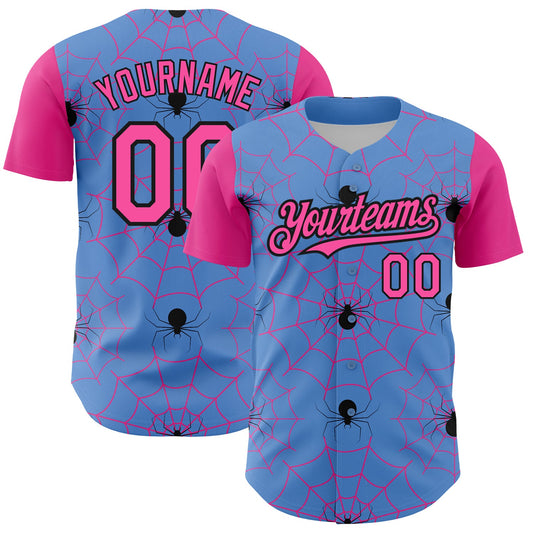 Custom Light Blue Pink-Black 3D Pattern Design Spider Web Authentic Baseball Jersey - Sky-Custom