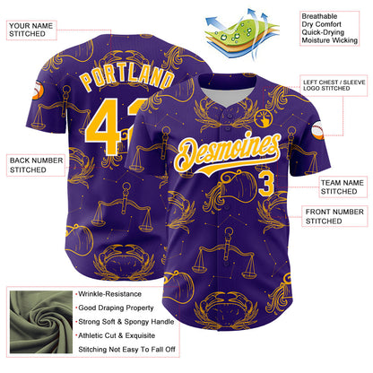 Custom Purple Gold-White 3D Pattern Design Zodiac Authentic Baseball Jersey - Sky-Custom