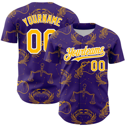 Custom Purple Gold-White 3D Pattern Design Zodiac Authentic Baseball Jersey - Sky-Custom