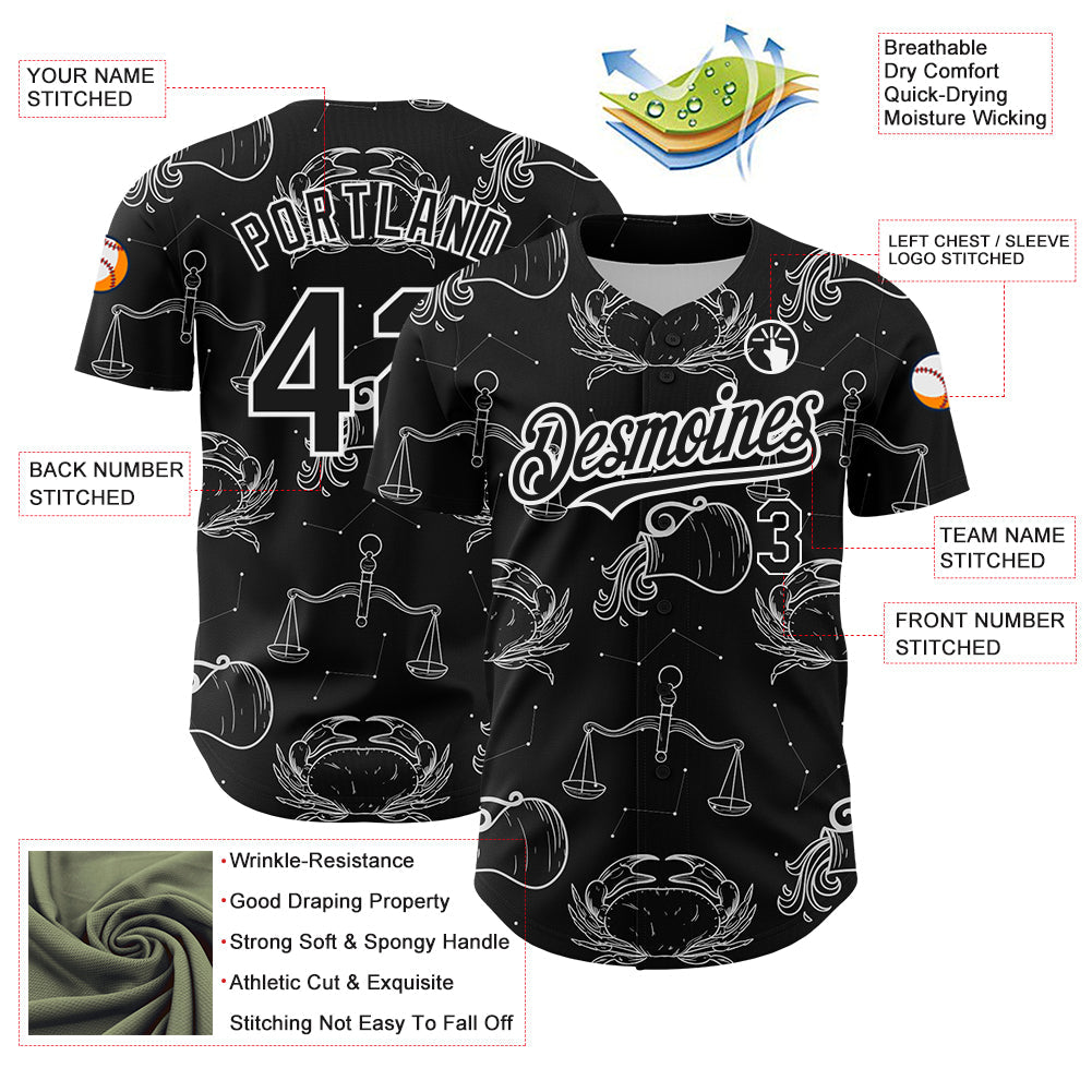 Custom Black White 3D Pattern Design Zodiac Authentic Baseball Jersey - Sky-Custom