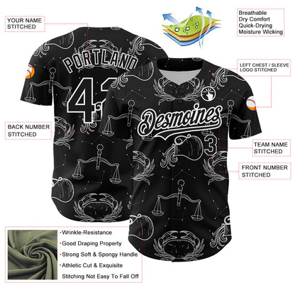 Custom Black White 3D Pattern Design Zodiac Authentic Baseball Jersey - Sky-Custom