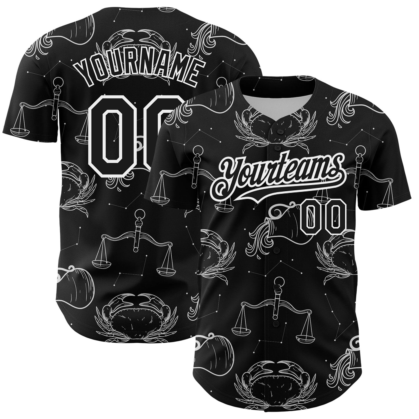 Custom Black White 3D Pattern Design Zodiac Authentic Baseball Jersey - Sky-Custom