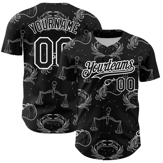 Custom Black White 3D Pattern Design Zodiac Authentic Baseball Jersey - Sky-Custom