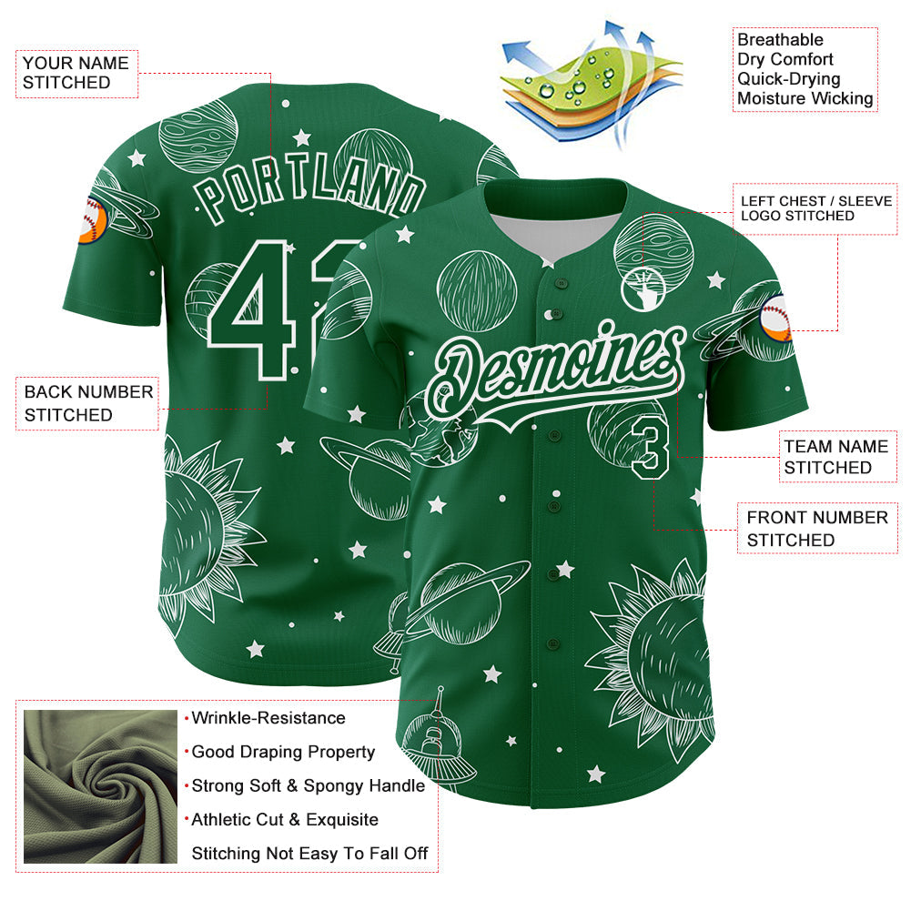 Custom Kelly Green White 3D Pattern Design Planets Authentic Baseball Jersey - Sky-Custom