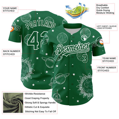Custom Kelly Green White 3D Pattern Design Planets Authentic Baseball Jersey - Sky-Custom