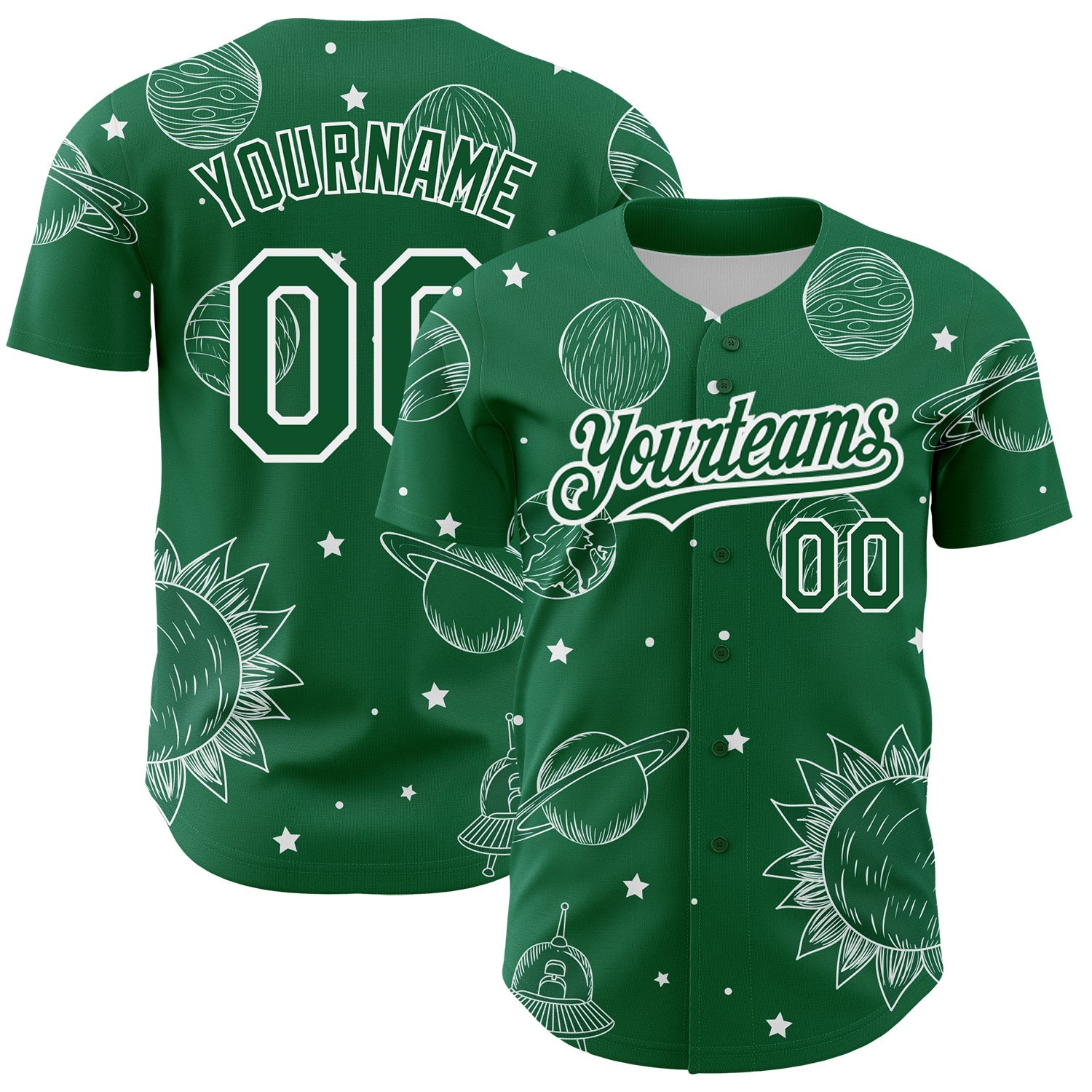 Custom Kelly Green White 3D Pattern Design Planets Authentic Baseball Jersey - Sky-Custom