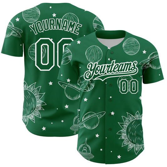 Custom Kelly Green White 3D Pattern Design Planets Authentic Baseball Jersey - Sky-Custom