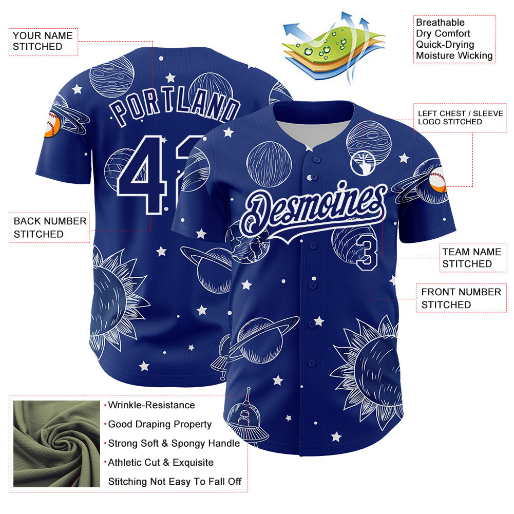 Custom Royal White 3D Pattern Design Planets Authentic Baseball Jersey - Sky-Custom