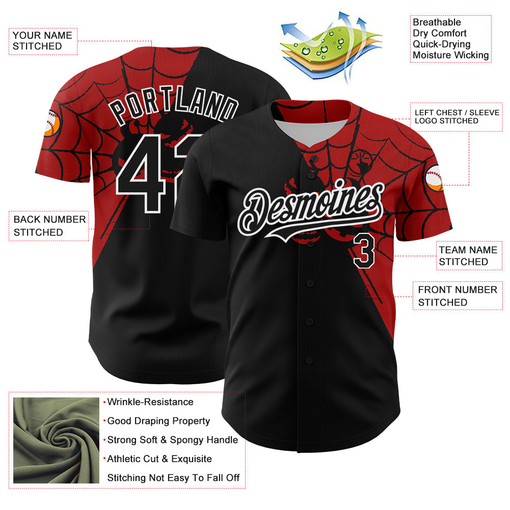 Custom Black Red-White 3D Pattern Design Spider Web Authentic Baseball Jersey - Sky-Custom