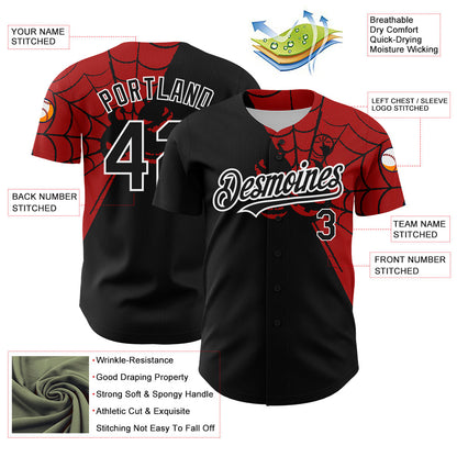 Custom Black Red-White 3D Pattern Design Spider Web Authentic Baseball Jersey - Sky-Custom