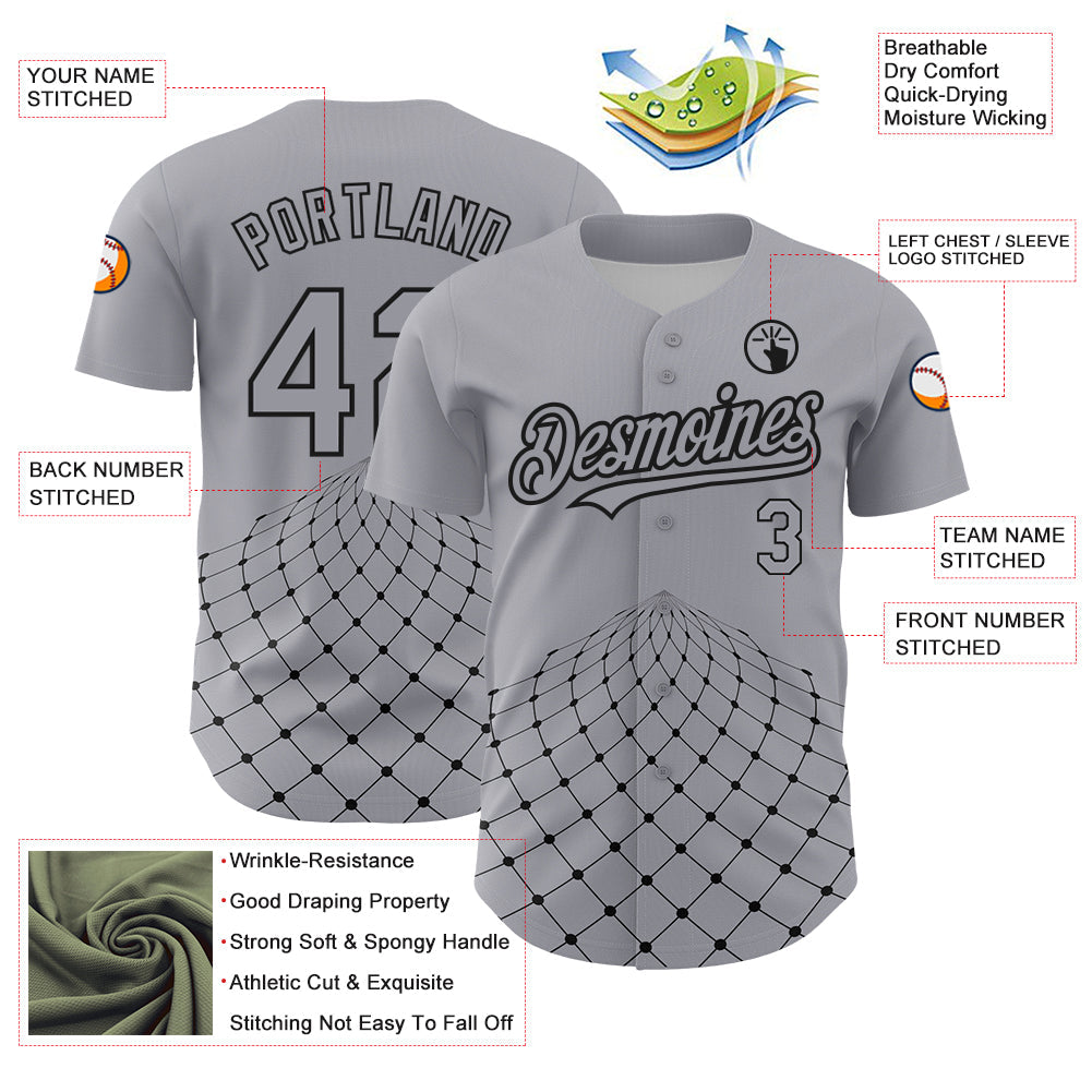 Custom Gray Black 3D Pattern Design Geometric Grid Authentic Baseball Jersey - Sky-Custom
