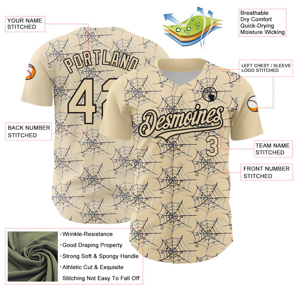 Custom Cream Black 3D Pattern Design Spider Web Authentic Baseball Jersey - Sky-Custom