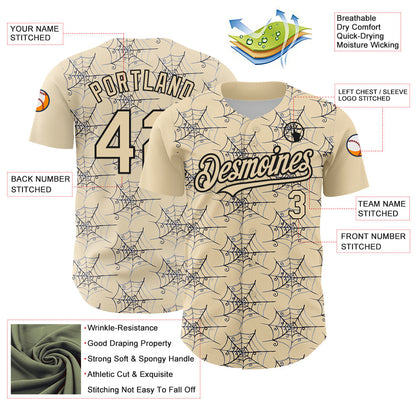 Custom Cream Black 3D Pattern Design Spider Web Authentic Baseball Jersey - Sky-Custom