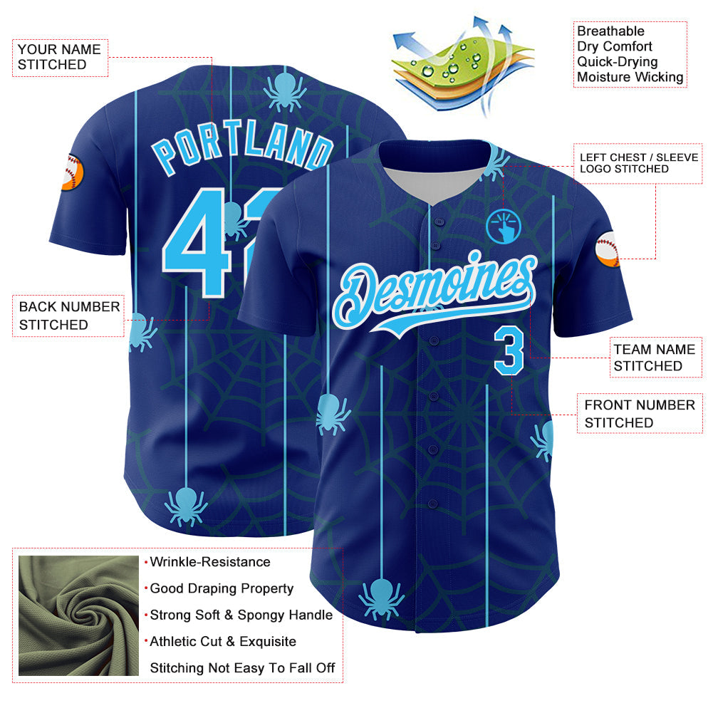 Custom Royal Sky Blue-White 3D Pattern Design Spider Web Authentic Baseball Jersey - Sky-Custom