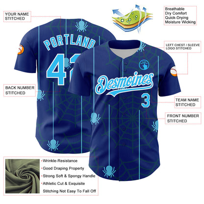 Custom Royal Sky Blue-White 3D Pattern Design Spider Web Authentic Baseball Jersey - Sky-Custom