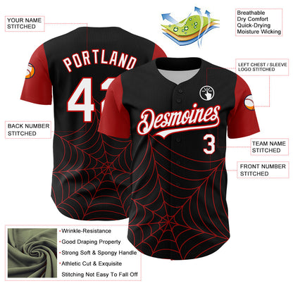 Custom Black White-Red 3D Pattern Design Spider Web Authentic Baseball Jersey - Sky-Custom