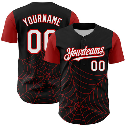 Custom Black White-Red 3D Pattern Design Spider Web Authentic Baseball Jersey - Sky-Custom