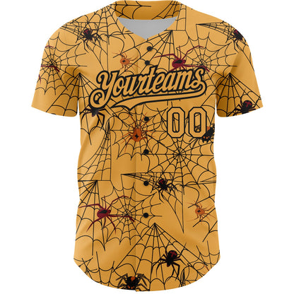 Custom Gold Black 3D Pattern Design Spider Web Authentic Baseball Jersey - Sky-Custom
