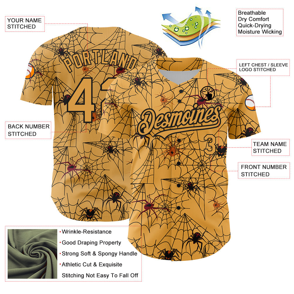Custom Gold Black 3D Pattern Design Spider Web Authentic Baseball Jersey - Sky-Custom